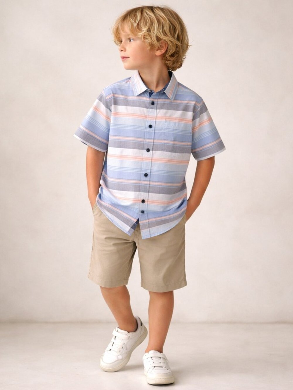 Wrangler Boys XS Blue Striped Button Up Shirt Short Sleeve Cotton NEW